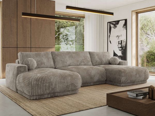 XXL Wohnlandschaft RINA U-Form 360 cm breit, Sofa mit Schlaffunktion & DL-Mechanismus, Wellenfederung, modern freistehend - Hellbraun Cord
