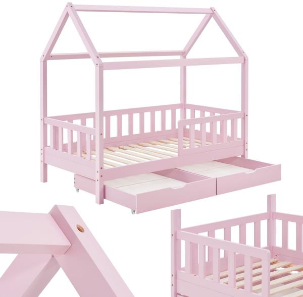 Juskys Kinderbett Marli 80 x 160 cm mit Bettkasten 2-teilig, Rausfallschutz, Lattenrost & Dach - Massivholz Hausbett für Kinder - Bett in Rosa