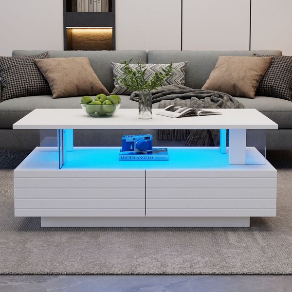 LED-Couchtisch aus Acryl mit Bluetooth-App-Steuerung, 2 Schubladen & offenem Regal, 100x50x42 cm, Weiß