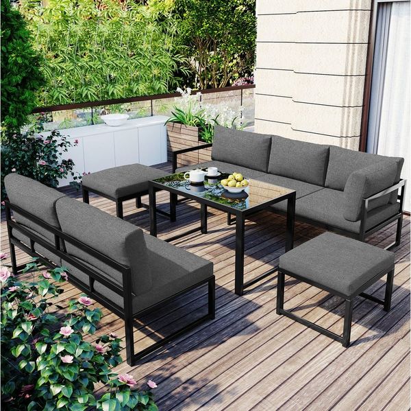 Celya Gartenlounge-Set Gartenlounges, Gartenmöbel Set 7 Personen alu mit Esstisch, (mit Liegefunktion, 4-fach verstellbarer Rückenlehne, inkl. weicher Sitz- und Rückenpolster, grau), Aluminium Sitzgruppe für Gartenbalkon