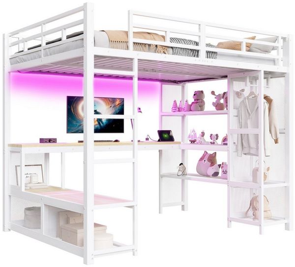 i@home Hochbett 140x200 cm mit Schreibtisch, LED-Beleuchtung & Kleiderschrank (Mit USB-Anschluss, Stauraum und 16 Farben RGB-Licht) Ideal für Jugendzimmer, Gamer & Studenten