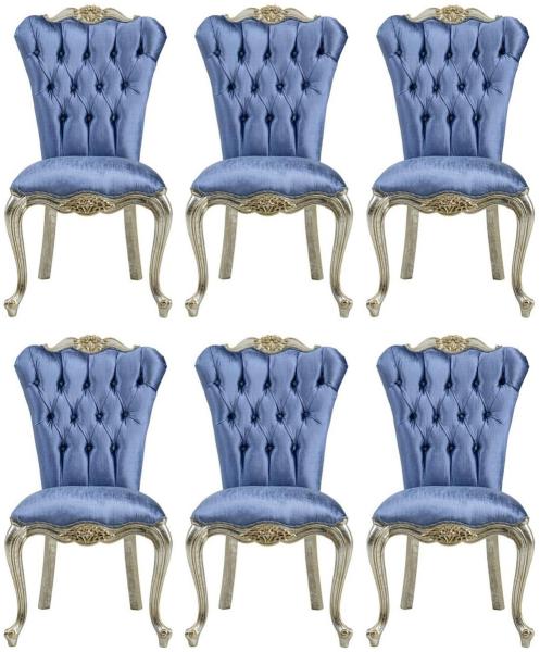 Casa Padrino Luxus Barock Esszimmerstuhl Set Blau / Silber / Gold - Handgefertigtes Küchen Stühle 6er Set - Barock Esszimmer Möbel - Edel & Prunkvoll