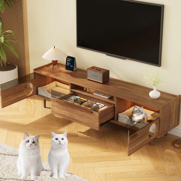 TV-Schrank mit LED-Beleuchtung, haustierfreundlicher Medienschrank mit Katzenöffnungen, Nussbaum-Design mit Glastüren