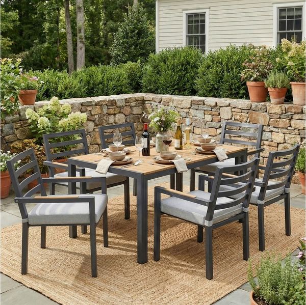 Merax Gartenlounge-Set für 6 Personen, Garten-Essgruppe wetterfeste Loungegruppe, (inkl. 6 Stühle und einen Esstisch, 7-tlg), Gartenmöbel-Set aus verzinktem Eisen mit Kunststoffholz-Tischplatte