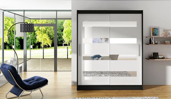 Kleiderschrank Westa XIII, ohne Beleuchtung, Farbe: Schwarz / Weiß + Spiegel