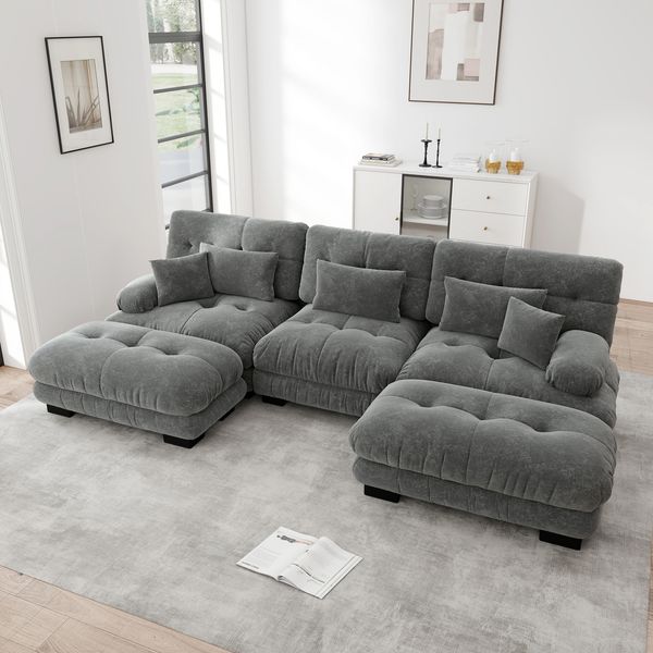 Ecksofa modular in Grau aus Chenille mit Ottomanen und weicher Cloud-Polsterung,81x313x145 cm