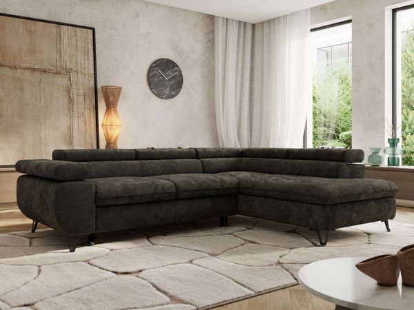 MKS Möbel 'Pablo L-Form' Ecksofa mit Schlaffunktion, verstellbare Kopfstützen, Dunkelgrau, Schenille glatt, ohne Topper, Rechts