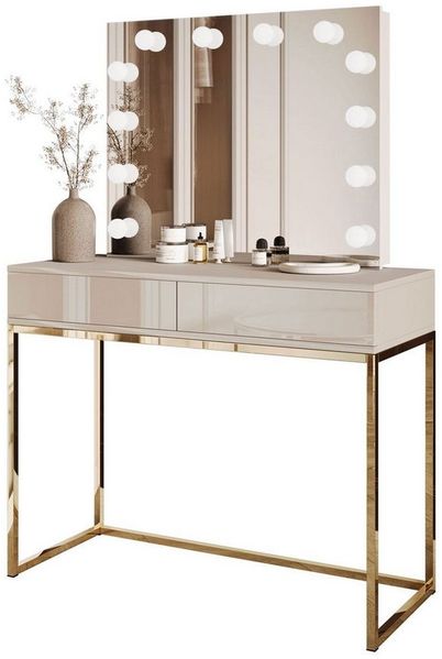 Lookway Schminktisch BLANCO KASCHMIR ELITE auf goldenem, verchromtem Gestell (1x Konsole, 1x Spiegel mit Led Beleuchtung), Breite: 100 cm