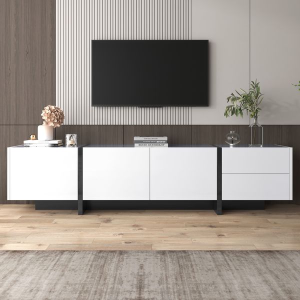 TV-Schrank 190x35x45 cm, hochglänzend weiß mit schwarzen Füßen, 3 Türen & 2 Schubladen