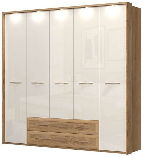 OTTO home Kleiderschrank Gala, beige hochglänzend UV lackiert, kratzfest, FSC-zertifiziert (abgerundete Schubladen aus MDF im Holzdekor, soft-close) mit Beleuchtung und Passpartourahmen, hoher Schrank (224cm), 4 Breiten