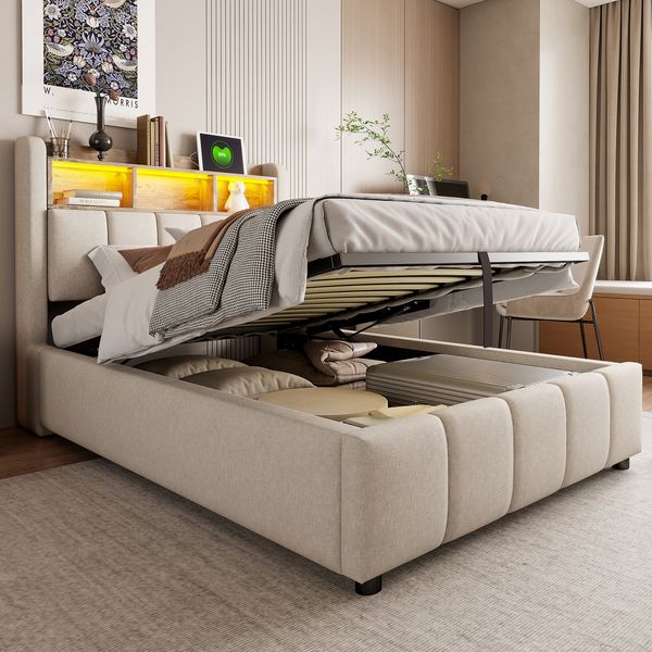 Merax Einzelbett, Polsterbett 90*200cm mit LED-Beleuchtung und USB-Anschluss, Kopfteil mit Ablageflächen und Stauraum, mit hydraulischem Stauraum, Kindereinzelbett, Leinen, Beige
