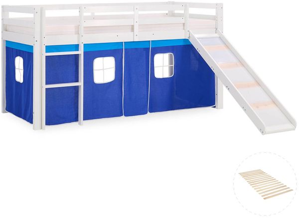 Hochbett mit Lattenrost 90x200 Rutsche Stockbett Kinderbett Holz Kiefer Vorhang blau