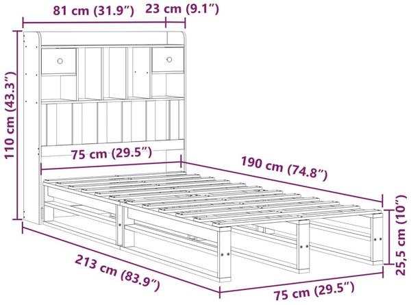 vidaXL Massivholzbett mit Regal ohne Matratze Wachsbraun 75x190 cm 3323976 Bild 11