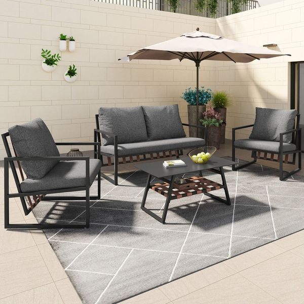 Flieks Gartenlounge-Set, 4 Sitzer Gartenmöbel Balkonset Sitzgruppe(1 Sofa + 2 Sessel + 1 Tisch)