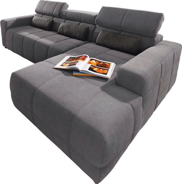 DOMO collection Ecksofa BRANDON 289x177 cm, belastbar bis 140 kg/Sitz, L-Form, mit Sitztiefenverstellung, Luxus-Microfaser, dunkelgrau