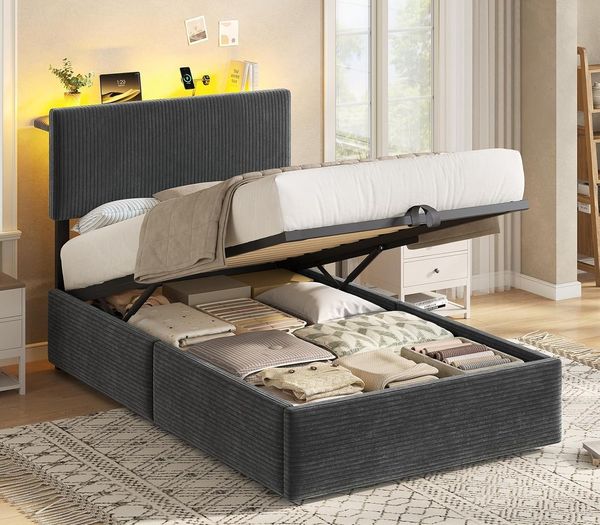 KIMENICH Polsterbett mit hydraulischem Stauraum, RGB-LED & USB-C Ladestation (Ohne Matratze), Einzelbett Funktionsbett mit höhenverstellbarem Kopfteil, 90x200 cm