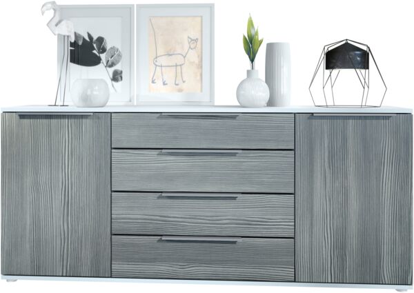 Vladon Sideboard Linio V2 166,5 x 72,5 x 35 cm Anrichte mit 2 Türen und 4 Schubladen, Korpus in Weiß matt, Fronten in Avola-Anthrazit