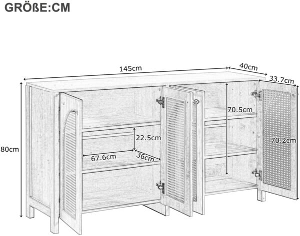 Merax Modernes Sideboard im minimalistischen Stil 4-Rattantür, Metallgriff einfaches Buffetschrank für Esszimmer, Wohnzimmer, Küche (weiß) Bild 4