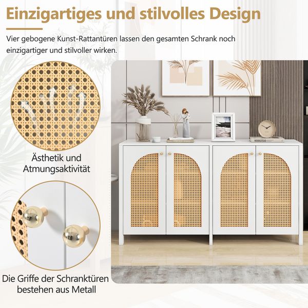 Merax Modernes Sideboard im minimalistischen Stil 4-Rattantür, Metallgriff einfaches Buffetschrank für Esszimmer, Wohnzimmer, Küche (weiß) Bild 6