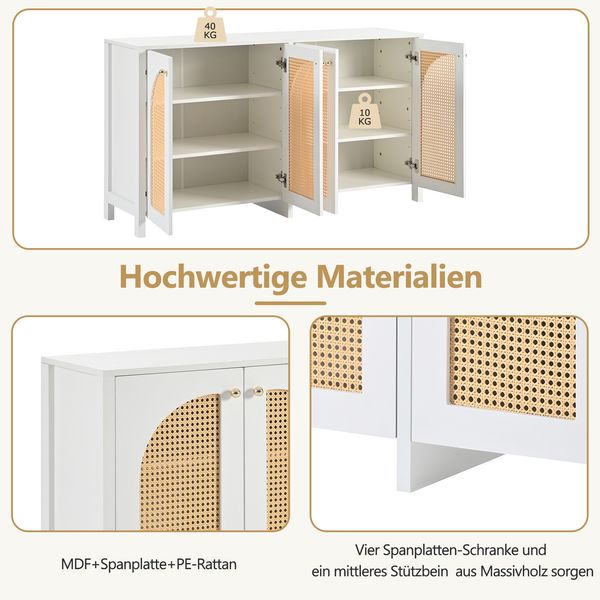 Merax Modernes Sideboard im minimalistischen Stil 4-Rattantür, Metallgriff einfaches Buffetschrank für Esszimmer, Wohnzimmer, Küche (weiß) Bild 8