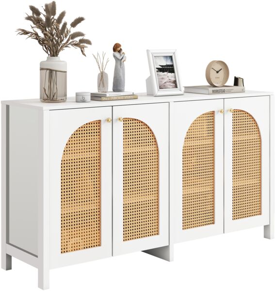 Merax Modernes Sideboard im minimalistischen Stil 4-Rattantür, Metallgriff einfaches Buffetschrank für Esszimmer, Wohnzimmer, Küche (weiß) Bild 10