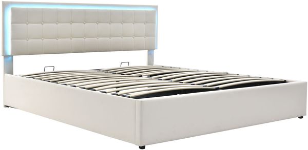 Polsterbett 140x200 cm, PU-Leder, hydraulischer Bettkasten mit LED-Beleuchtung und Lattenrost, Weiß，Es gibt eine Matratze. Bild 10