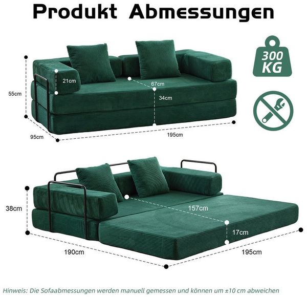 Leawin Sofa 4-in-1 Schlafsofa mit Bettfunktion – Multifunktionales Cord-Sofa, Platzsparendes Faltsofa für kleine Räume – Sofa, Liege & Bett in einem