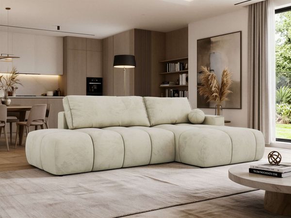 Ecksofa LORAN L mit Schlaffunktion und Bettkasten, Freistehendes Ecksofa mit Wellenfederung, DL-System, Große Liegefläche - Beige Velvet