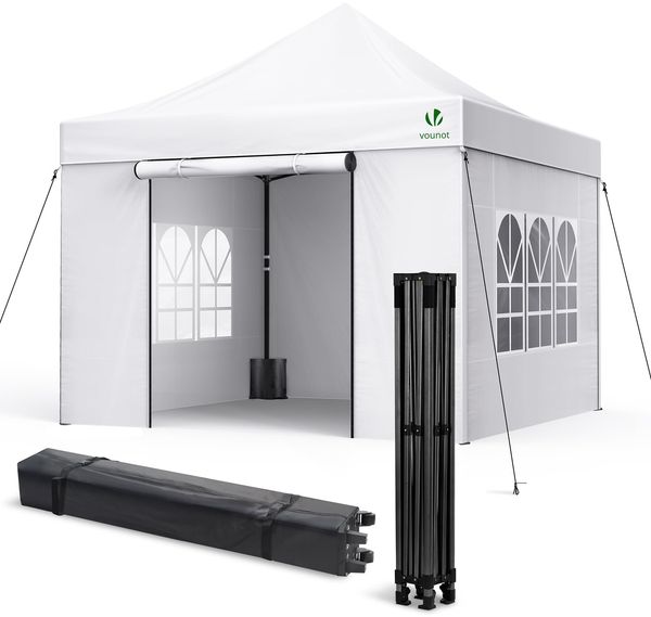 VOUNOT® Pavillon 3x3 m Wasserdicht Stabil Winterfest, Pop Up Faltpavillon mit 4 Seitenteilen und 4 Sandsäcke, UV-Schutz 50+ Gartenpavillon Partyzelt Faltbar für Garten, Camping, Party, Weiß