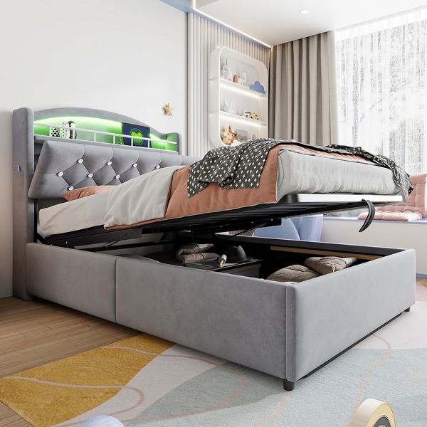 Kinderbett, Samt mit Stauraum, LED & USB-Anschluss, 90x200 cm, Grau, ohne Matratze