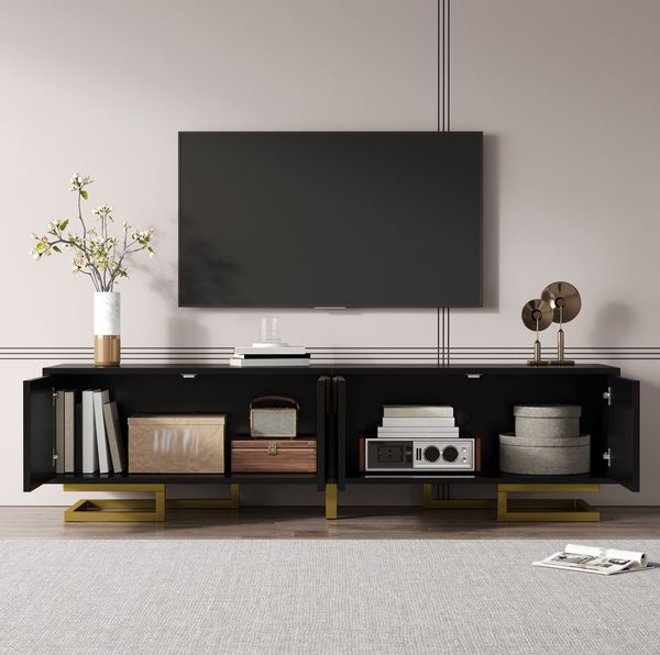 TV-Schrank 160 x 38 x 44,5 cm mit 4 Türen – Lowboard in Schwarz aus Spanplatte mit goldfarbenen Metallfüßen