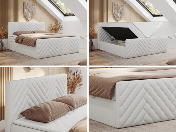 Boxspringbett mit zwei Bettkästen, 7 Härtezonen Multipocket-Matratzen, dekoratives Kopfteil und Front, Doppelbett - PARIS DUO - 180 x 200 cm - Weiß Kunstleder - H4 Bild 2
