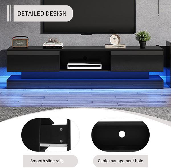 Merax 160*35*40,5 cm Schwarzer Hochglanz-TV-Ständer mit LED-Beleuchtung, 2 Schubladen, Anwendungssteuerung, Anti-Kipp-Design, geeignet für 60-Zoll-Fernseher, TV-Schränke, TV-lowboard Bild 3