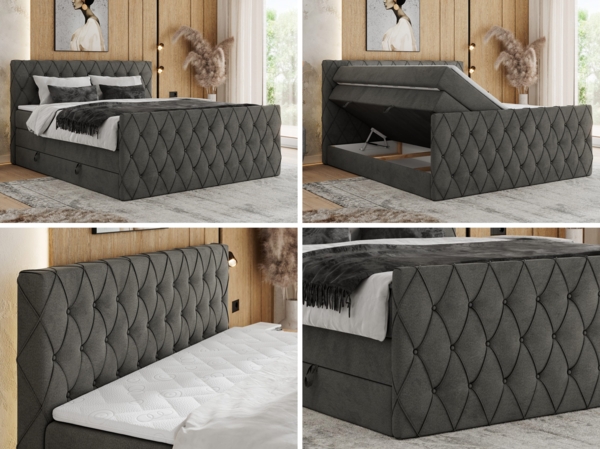 Boxspringbett, Doppelbett mit Fußteil, Multipocket-Matratzen und Topper, gestepptes Kopfteil und Front - MIREN KING DUO - 180 x 200 cm - Dunkelgrau Velours - H3 Bild 2