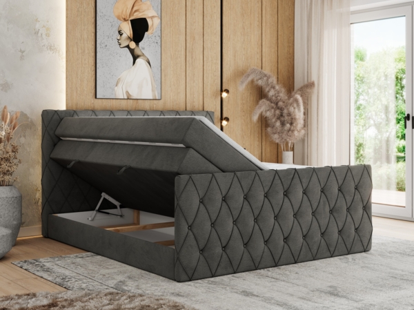 Boxspringbett, Doppelbett mit Fußteil, Multipocket-Matratzen und Topper, gestepptes Kopfteil und Front - MIREN KING DUO - 180 x 200 cm - Dunkelgrau Velours - H3 Bild 3