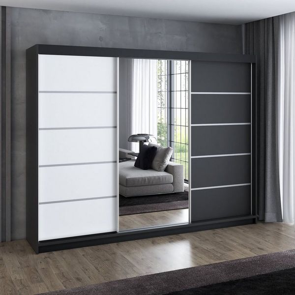 A&J MöbelLand GmbH Schiebetürenschrank VILUNO mit 4 Schubladen und Spiegel (nur für kurze Zeit! TOP ANGEBOT! Geräumiger Schrank mit einer Breite von 200 cm und Spiegel, ideal zur Aufbewahrung von Kleidung und Accessoires. 4 Schubladen und viel Stauraum...