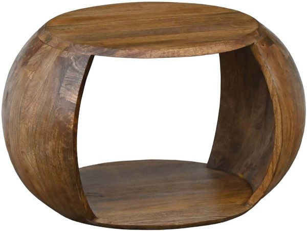 Couchtisch Mango Massivholz rund 60 x 46 x 36 cm - Wohnzimmertisch mit Ablagefach - Handgefertigter Sofatisch aus Echtholz im natürlichen Landhaus Design