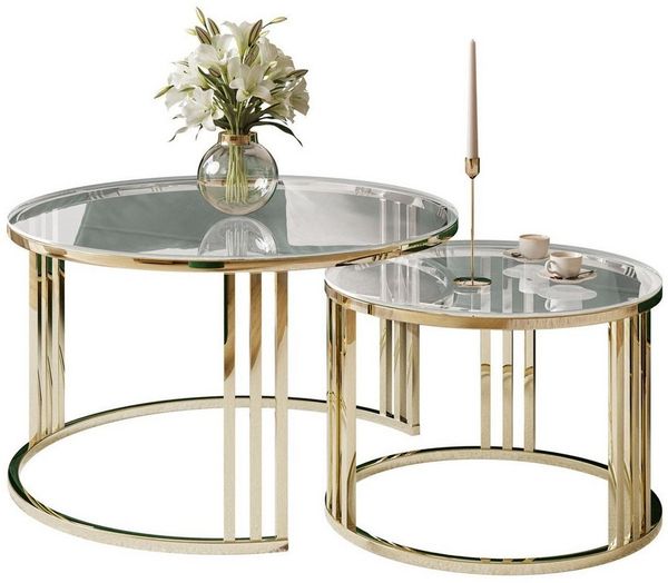 Lookway Couchtisch LORI 2in1 GLASS runder Couchtisch mit gold chrom Gestell (2er Set), Durchmesser: ⌀70 cm und ⌀50 cm