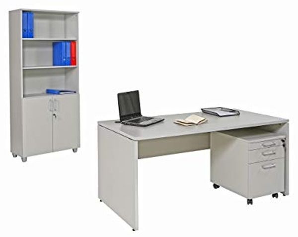 Schreibtisch Set 1 Nuvi, grau Dekor, Bestehend aus: Schreibtisch180 cm, Rollcontainer 3 Schübe & Aktenschrank 190 cm hoch