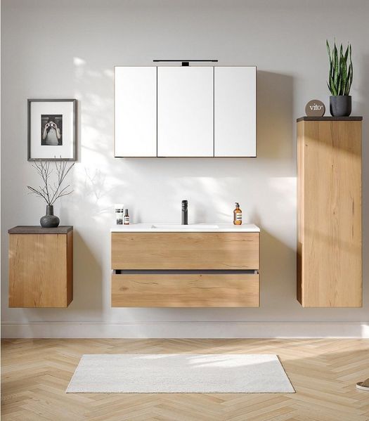 Vito Spiegelschrank CARIBU, 3-türig, Wildeiche Dekor, LED-Beleuchtung, Soft-Close-Funktion, B 100 x H 64 x T 20 cm