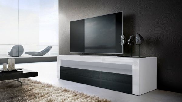 Vladon Lowboard Valencia, TV-Kommode mit 1 offenem Fach und 2 Klappen, Weiß matt/Schwarz Hochglanz/Weiß Hochglanz (155 x 46 x 40 cm)