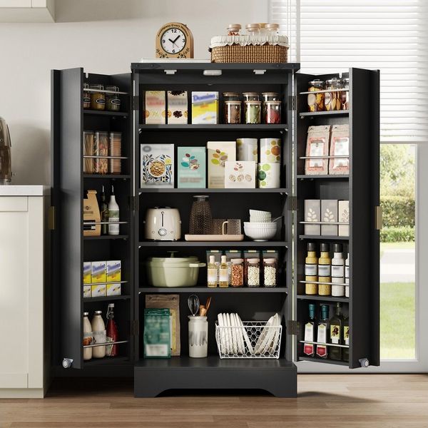 STILVORA Highboard Küchenschrank mit LED-Sensorlicht und Gewürzregal Modernem Türdesign (Küchenbuffet Doppeltür-Schrank mit Verstellbare Regalböden, 1 St, Flexible Aufbewahrung für Küche & Wohnzimmer), Elegantes Design mit Kippschutz