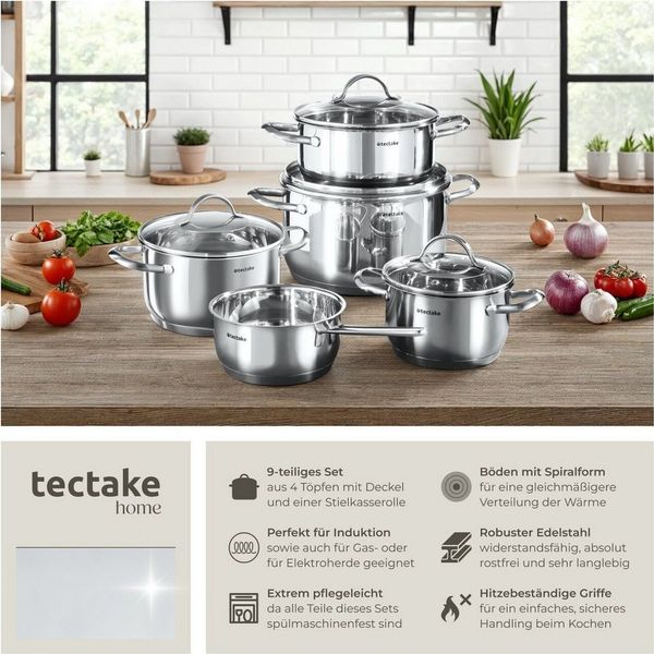 tectake Topf-Set Kochtopfset Bologna II 9-tlg, für Induktion geeignet, Edelstahl (Komplettset, 9-tlg), 9-teilig, aus Edelstahl, hitzebeständige Griffe, spülmaschinenfest