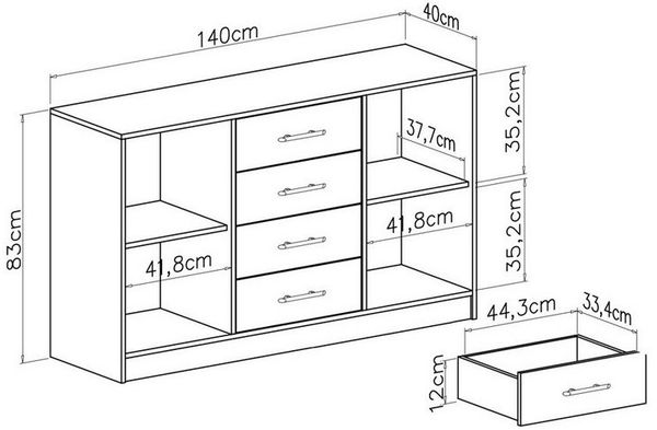 Marmex Möbel Kommode SMART 140/K1C zweitürige Kombikommode mit 4 Schubladen 140 x 84 x 40, Sideboard, Stauraum, 4 Schubladen