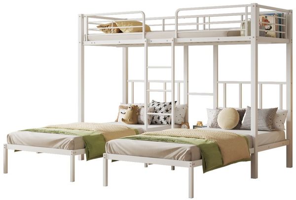 Merax Etagenbett, 90x200cm Kinderbett Dreierbett Metallbett mit Leiter