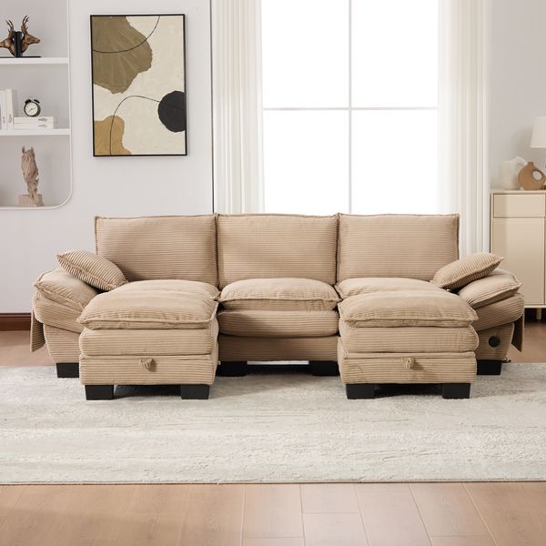 Sofa 260x132x84 cm in Khaki, Corduroy mit breiter Sitzfläche, 2 Hockern, Stauraum und USB-C-Anschluss
