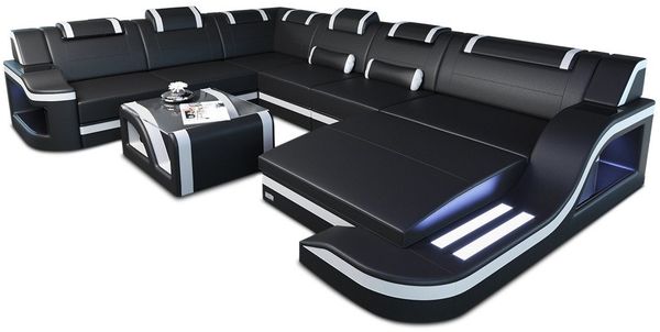 Sofa Dreams Wohnlandschaft Ledercouch Sofa Leder Palermo XXL U Form Ledersofa, Couch, mit LED, wahlweise mit Bettfunktion als Schlafsofa, Designersofa