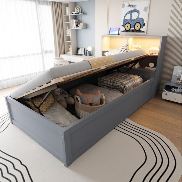 Merax Daybett 90x200cm mit LED-Lichtleiste und USB-Steckdose (1 tlg), Schlafsofa Kinderbett mit hydraulischem Stauraum und Ablagefächern