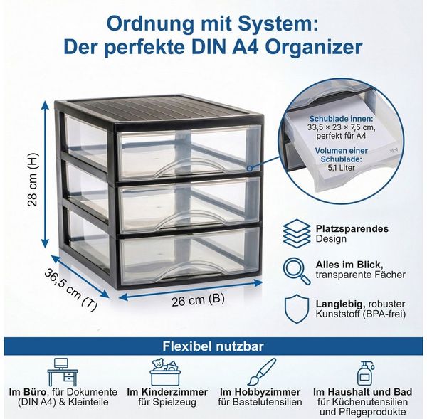 Hausfelder Schubladenbox Schubladenschrank A4 mit 3 Schubladen, Schreibtisch Ordnungssystem, (1-St, A4 mit 3 Schubladen), leicht zu reinigen, BPA-freier Kunststoff, verschiedene Größen