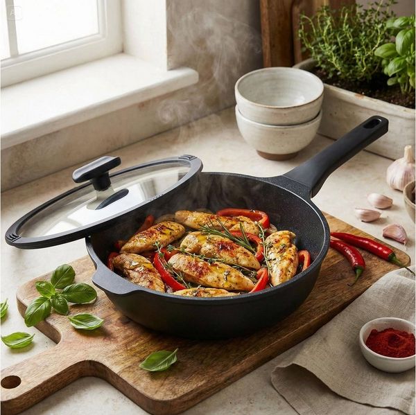 Mulex Schmorpfanne Schmorpfanne extra tief 28 cm inklusive Deckel, Aluguß (langlebige Antihaftbeschichtung, 2-tlg, extra dicker Thermoboden), Induktionsgeeignet
